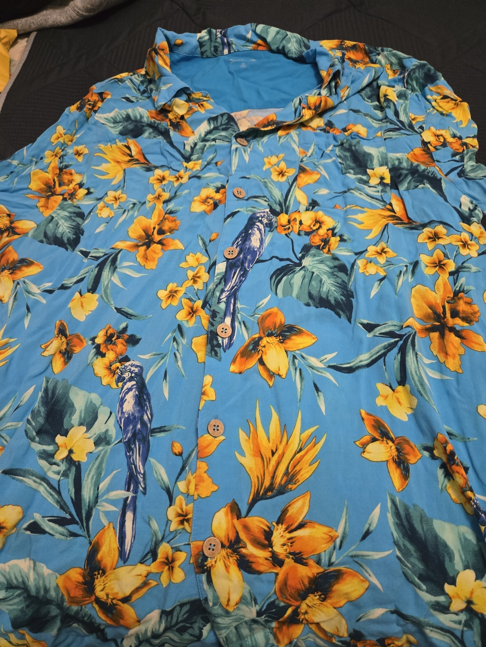 Men's Casual Tropical Button-Down Shirt - Blue with Yellow Floral Print